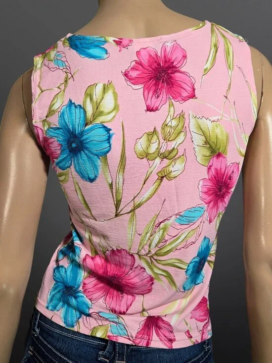Y2K V Neck Top Pink Floral Round Rhinestone Buckle Size M Sleeveless Fitted - Picture 6 of 7